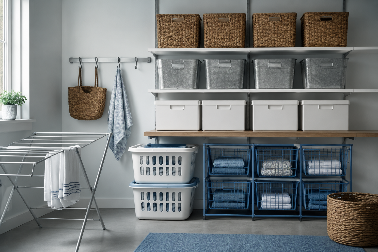 An organized utility room wall with labelled baskets, bins, a wall rail and a drying rack